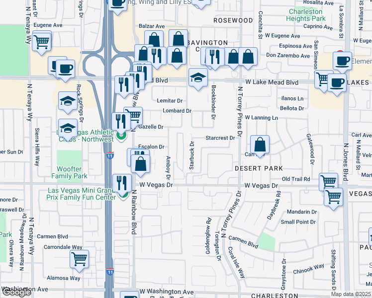 map of restaurants, bars, coffee shops, grocery stores, and more near 1720 Starbuck Drive in Las Vegas
