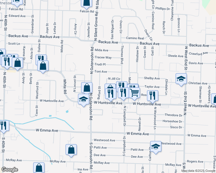 map of restaurants, bars, coffee shops, grocery stores, and more near 600 Jill Circle in Springdale