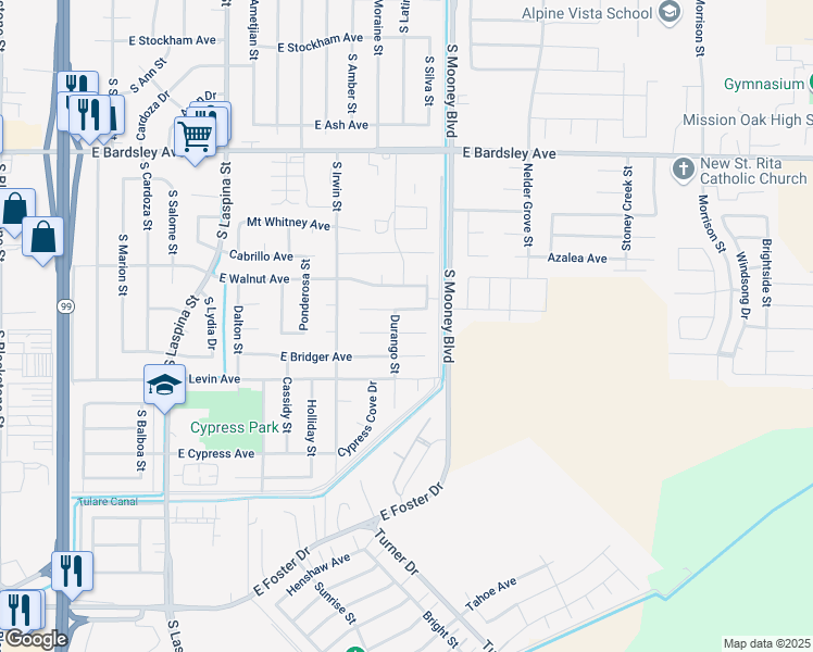 map of restaurants, bars, coffee shops, grocery stores, and more near 2047 Stagecoach Place in Tulare