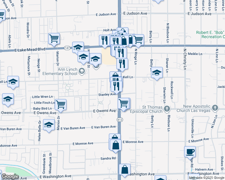 map of restaurants, bars, coffee shops, grocery stores, and more near 5045 Stanley Avenue in Las Vegas