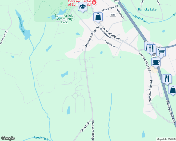 map of restaurants, bars, coffee shops, grocery stores, and more near 3144 Pleasant Ridge Road in Summerfield