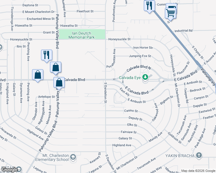map of restaurants, bars, coffee shops, grocery stores, and more near 1800 East Ambush Street in Pahrump
