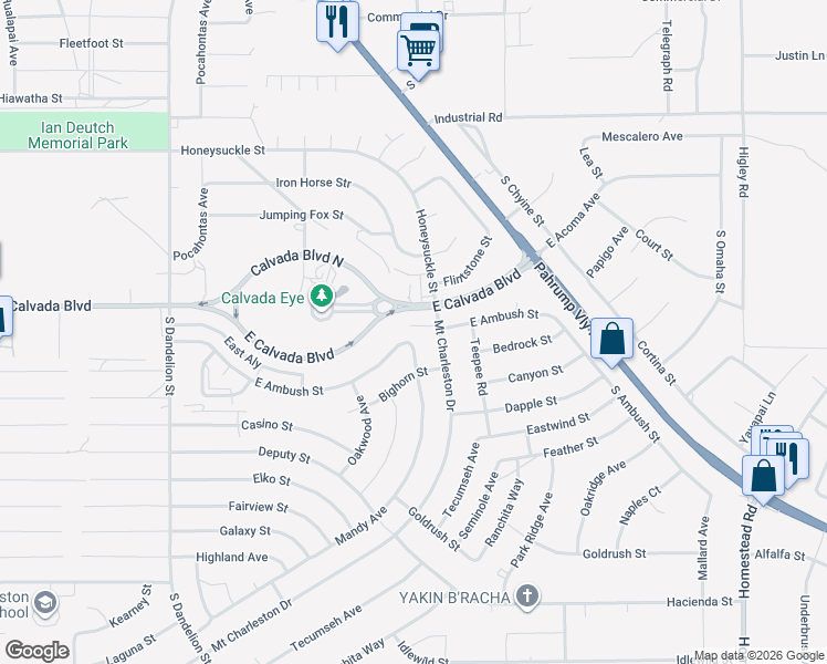 map of restaurants, bars, coffee shops, grocery stores, and more near 2300 East Ambush Street in Pahrump