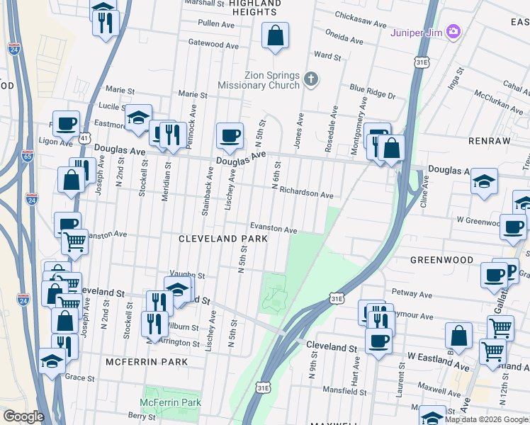 map of restaurants, bars, coffee shops, grocery stores, and more near 507 Evanston Avenue in Nashville
