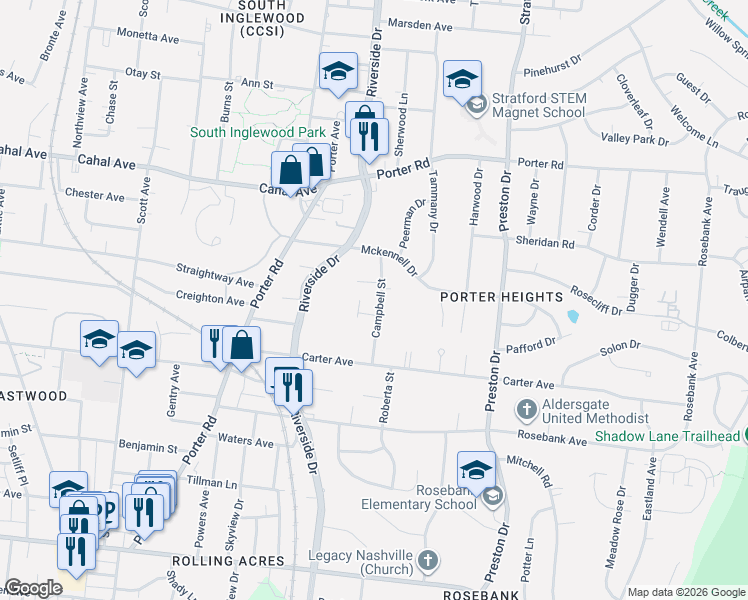 map of restaurants, bars, coffee shops, grocery stores, and more near 1112A Campbell Street in Nashville
