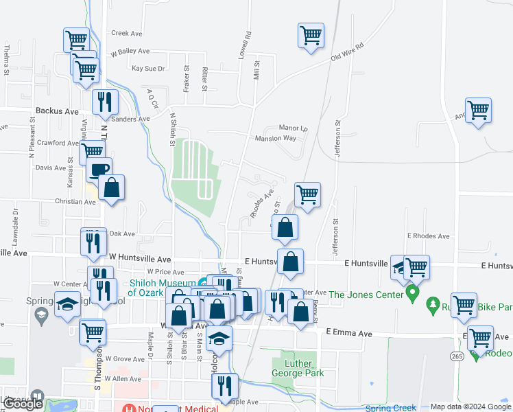 map of restaurants, bars, coffee shops, grocery stores, and more near Rhodes Avenue in Springdale