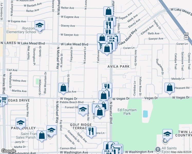 map of restaurants, bars, coffee shops, grocery stores, and more near 1751 Fairhaven Street in Las Vegas