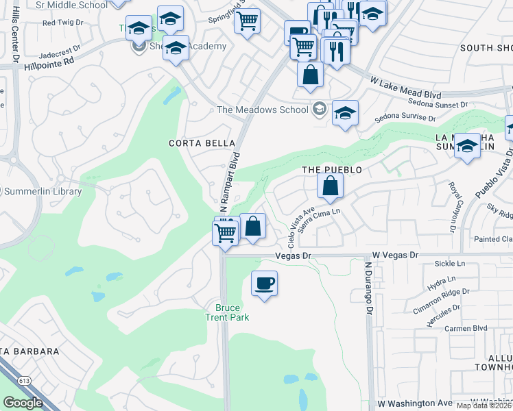 map of restaurants, bars, coffee shops, grocery stores, and more near 8704 Red Rio Drive in Las Vegas