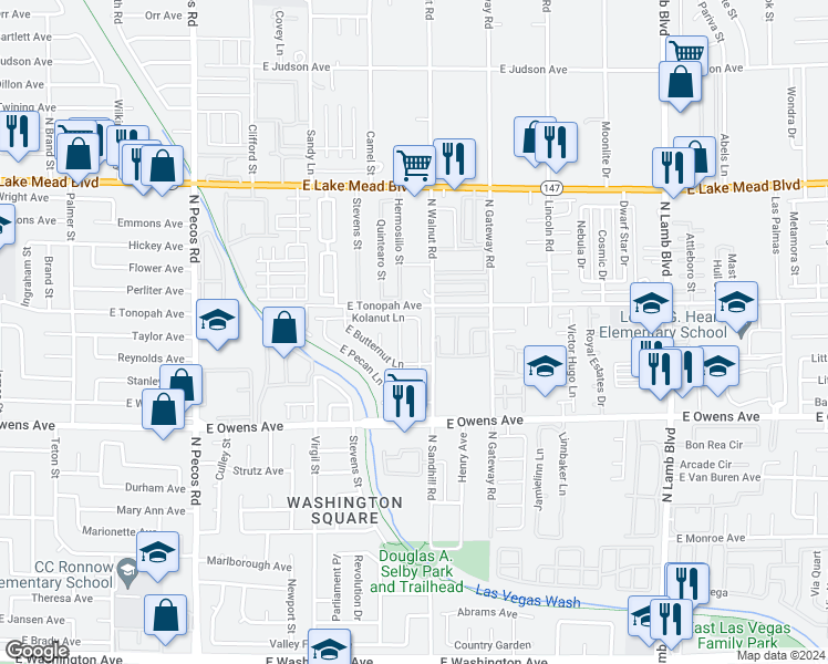map of restaurants, bars, coffee shops, grocery stores, and more near 1757 North Charnut Lane in Las Vegas