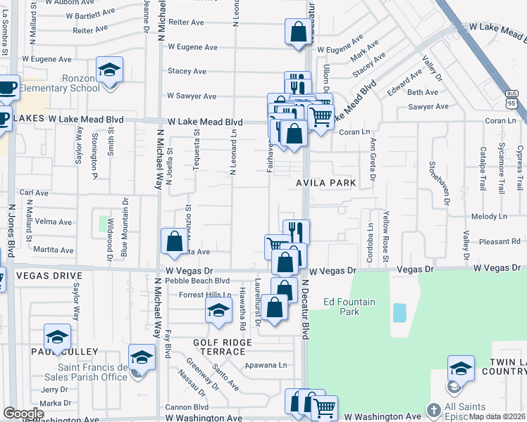 map of restaurants, bars, coffee shops, grocery stores, and more near 1751 Fairhaven Street in Las Vegas