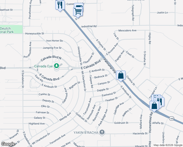 map of restaurants, bars, coffee shops, grocery stores, and more near 2481 Bedrock Street in Pahrump