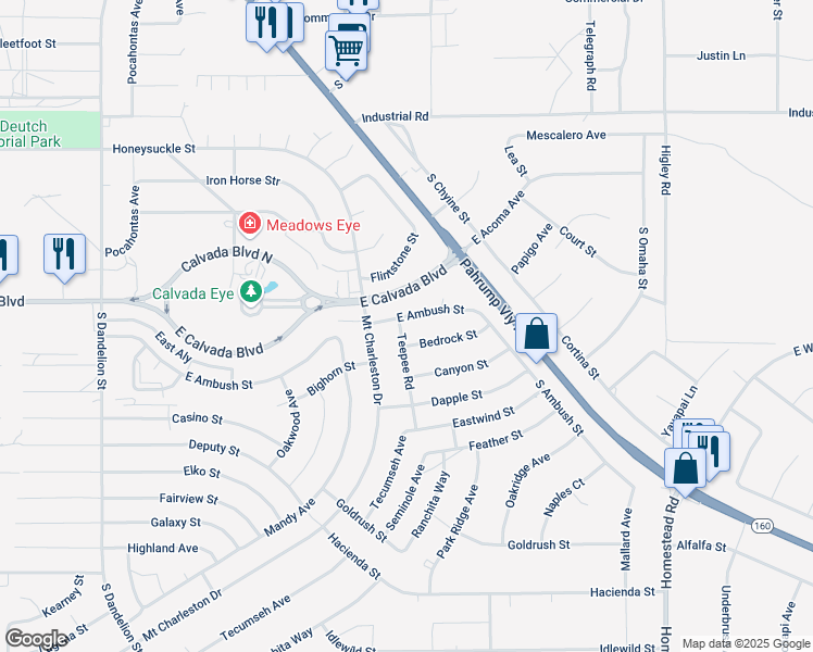 map of restaurants, bars, coffee shops, grocery stores, and more near 1951 Teepee Road in Pahrump