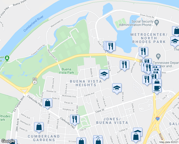 map of restaurants, bars, coffee shops, grocery stores, and more near 2411 Middle Street in Nashville