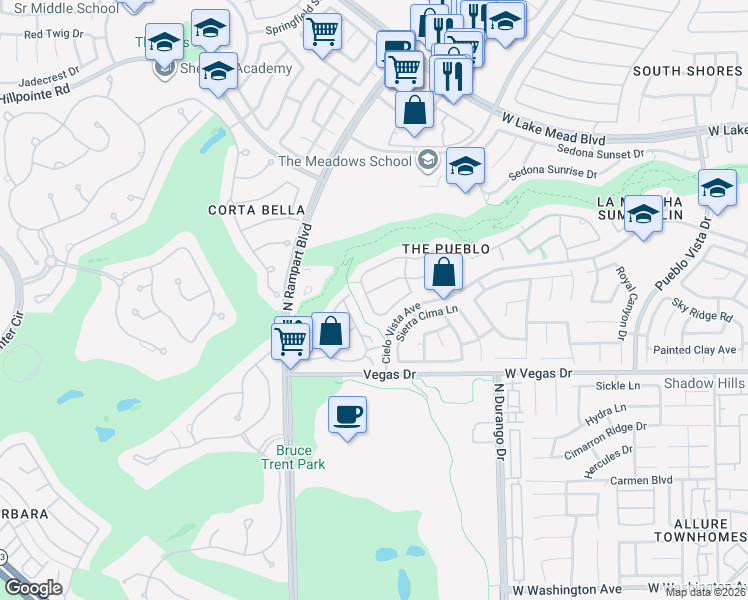 map of restaurants, bars, coffee shops, grocery stores, and more near 1705 Tesara Vista Place in Las Vegas