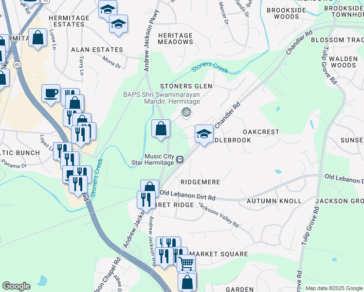 map of restaurants, bars, coffee shops, grocery stores, and more near 4125 Andrew Jackson Parkway in Nashville