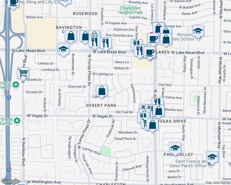 map of restaurants, bars, coffee shops, grocery stores, and more near 1720 Rockcrest Drive in Las Vegas