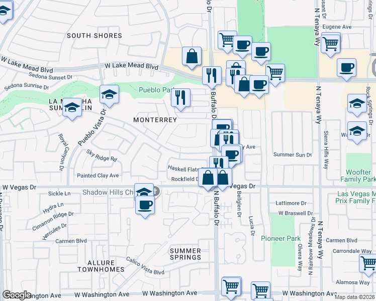 map of restaurants, bars, coffee shops, grocery stores, and more near 7721 Prairie Corners Drive in Las Vegas