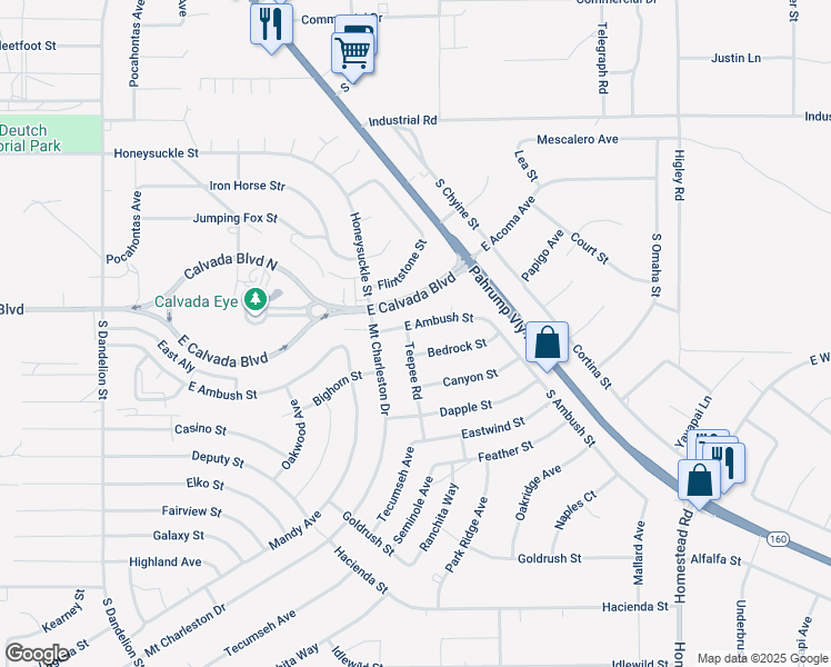 map of restaurants, bars, coffee shops, grocery stores, and more near 2481 Bedrock Street in Pahrump