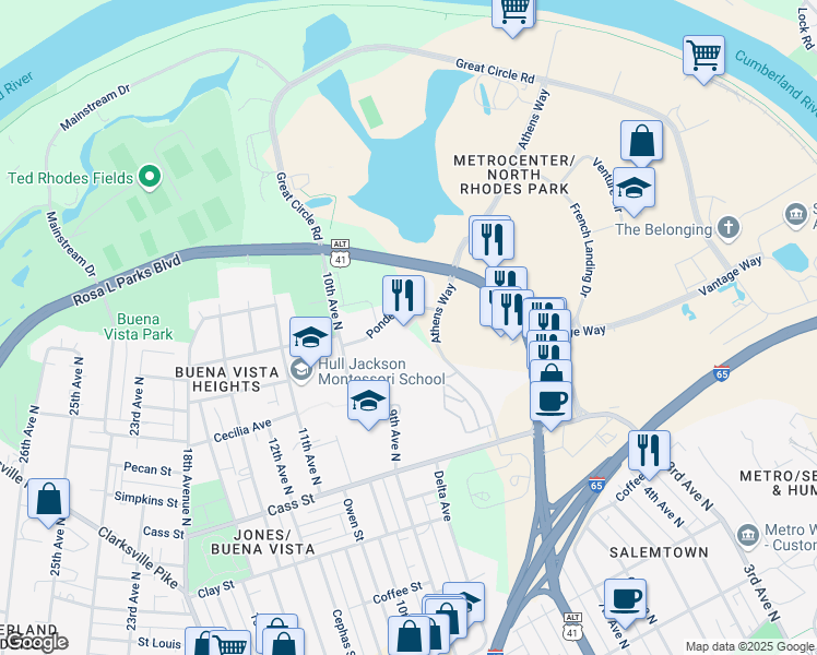 map of restaurants, bars, coffee shops, grocery stores, and more near 339 Athens Way in Nashville