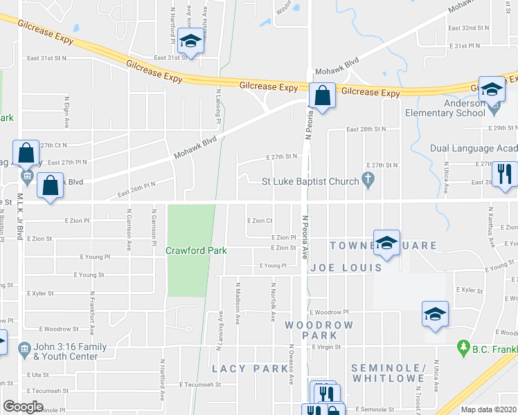 map of restaurants, bars, coffee shops, grocery stores, and more near 1012 East Zion Court in Tulsa