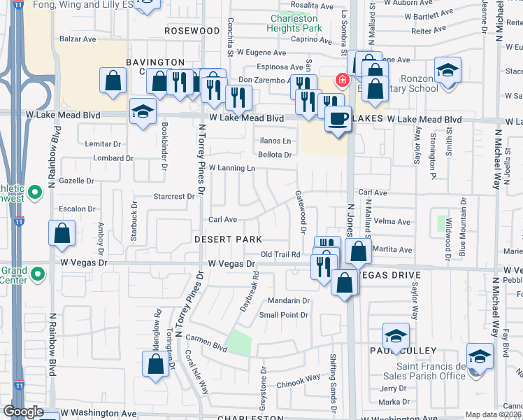 map of restaurants, bars, coffee shops, grocery stores, and more near 1720 Rockcrest Drive in Las Vegas