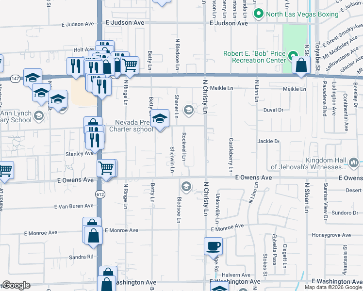 map of restaurants, bars, coffee shops, grocery stores, and more near 1715 Rockwell Lane in Las Vegas