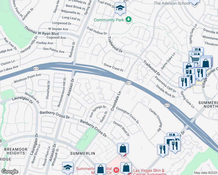 map of restaurants, bars, coffee shops, grocery stores, and more near 10205 Camborne Avenue in Las Vegas