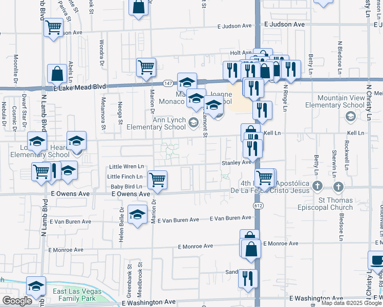map of restaurants, bars, coffee shops, grocery stores, and more near 1724 Breckenwood Court in Las Vegas