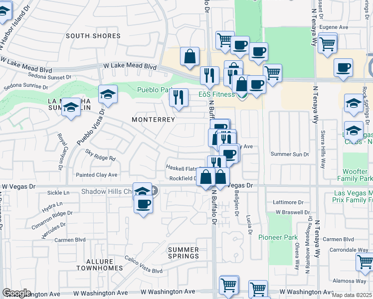 map of restaurants, bars, coffee shops, grocery stores, and more near 7721 Prairie Corners Drive in Las Vegas