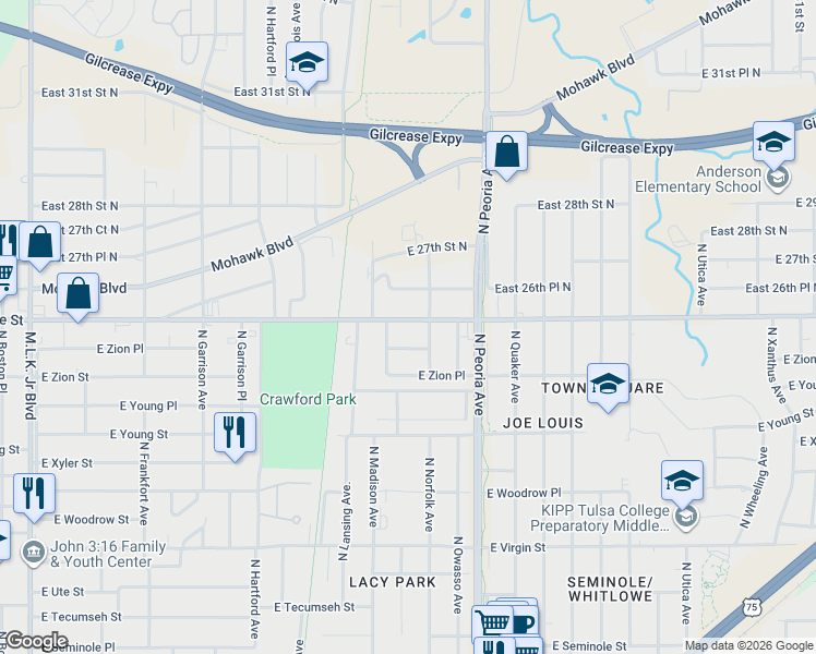 map of restaurants, bars, coffee shops, grocery stores, and more near 1020 East Apache Street in Tulsa