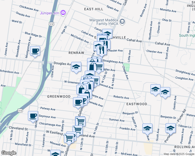 map of restaurants, bars, coffee shops, grocery stores, and more near 1220 Gallatin Avenue in Nashville