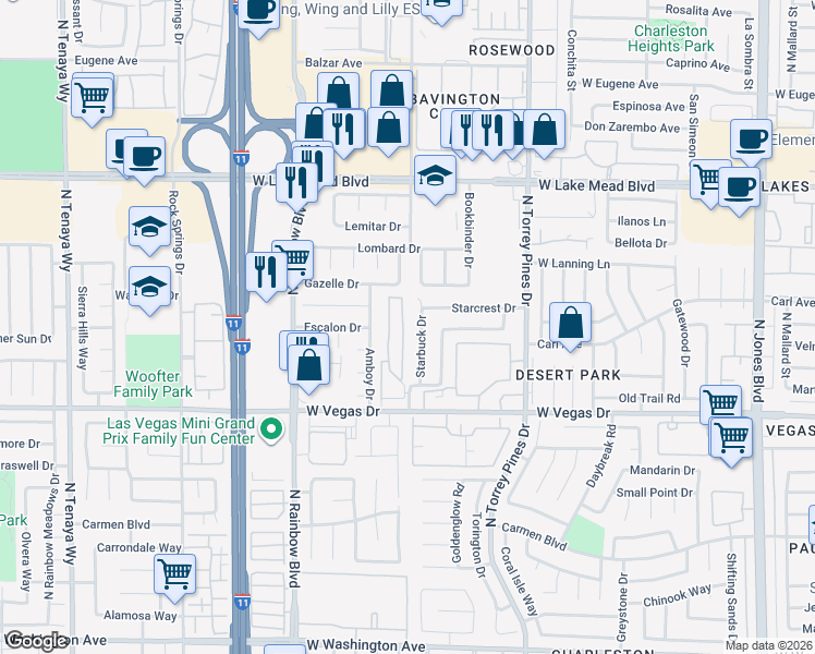 map of restaurants, bars, coffee shops, grocery stores, and more near 1805 Discus Drive in Las Vegas