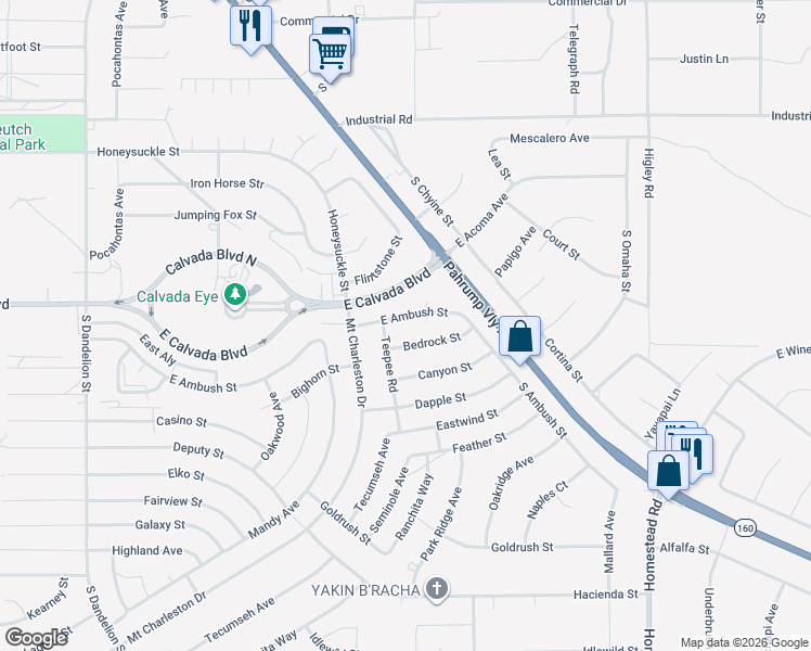 map of restaurants, bars, coffee shops, grocery stores, and more near 2480 East Ambush Street in Pahrump