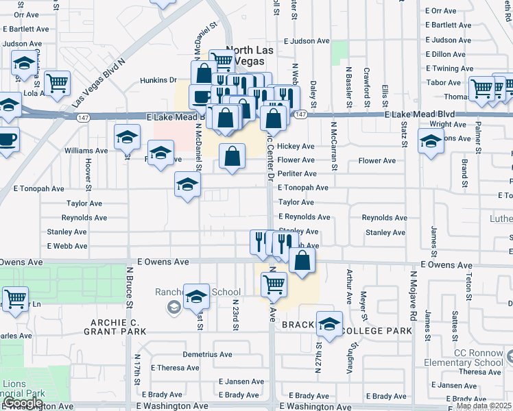 map of restaurants, bars, coffee shops, grocery stores, and more near 1728 North Arrowhead Street in North Las Vegas