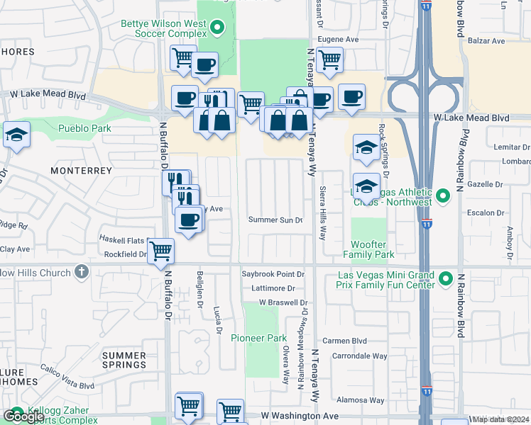 map of restaurants, bars, coffee shops, grocery stores, and more near 1708 Klamath Falls Way in Las Vegas