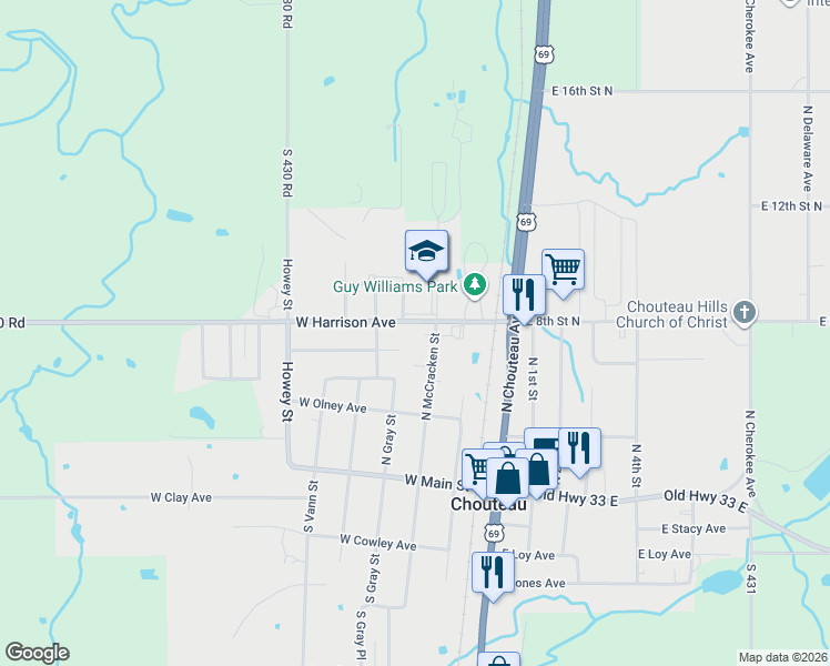 map of restaurants, bars, coffee shops, grocery stores, and more near 101 North McCracken Street in Chouteau