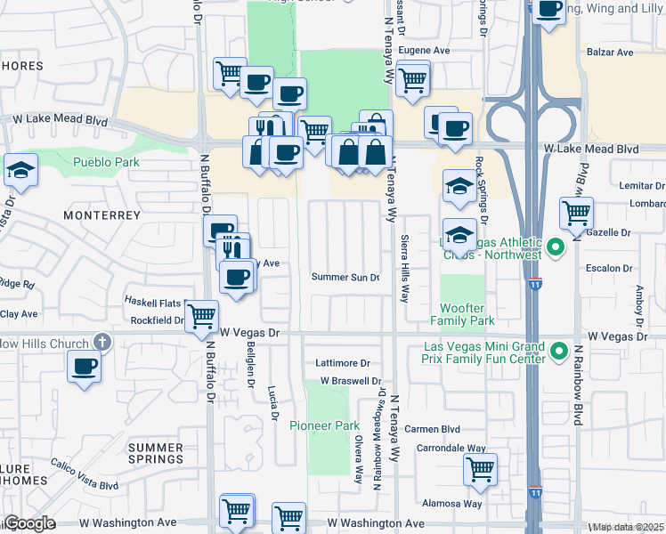 map of restaurants, bars, coffee shops, grocery stores, and more near 1708 Klamath Falls Way in Las Vegas