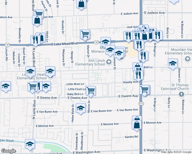 map of restaurants, bars, coffee shops, grocery stores, and more near 21 Kell Lane in Las Vegas