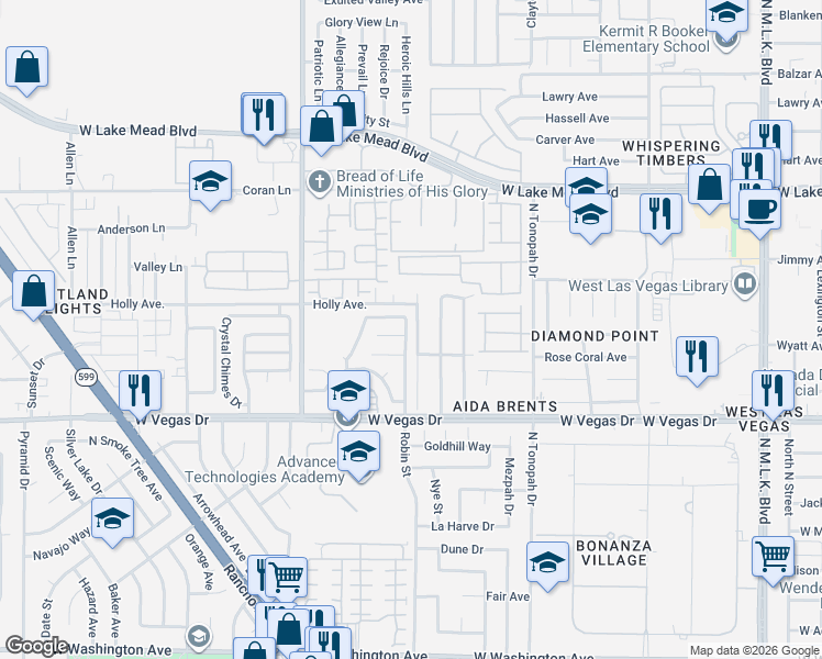 map of restaurants, bars, coffee shops, grocery stores, and more near 2400 Ellingson Drive in Las Vegas