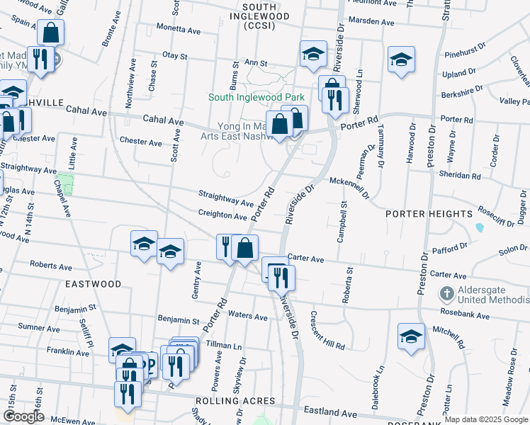 map of restaurants, bars, coffee shops, grocery stores, and more near 1423 Porter Road in Nashville