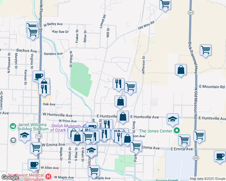 map of restaurants, bars, coffee shops, grocery stores, and more near 120 Rhodes Avenue in Springdale