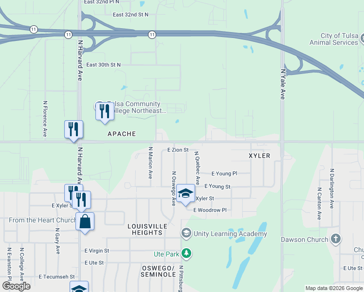 map of restaurants, bars, coffee shops, grocery stores, and more near in Tulsa