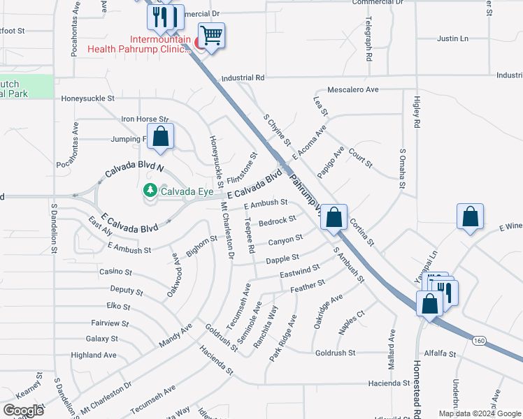 map of restaurants, bars, coffee shops, grocery stores, and more near 2501 East Ambush Street in Pahrump
