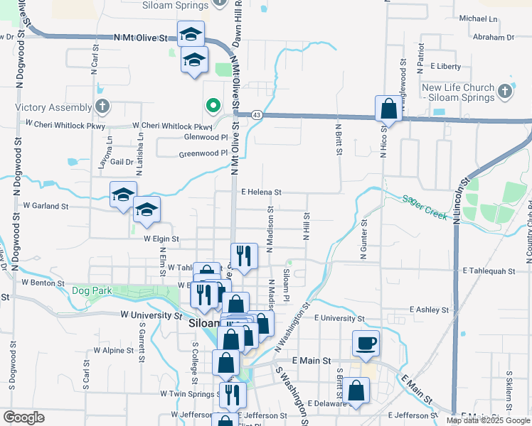 map of restaurants, bars, coffee shops, grocery stores, and more near 814 North Madison Street in Siloam Springs