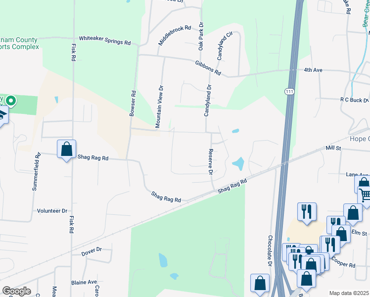 map of restaurants, bars, coffee shops, grocery stores, and more near 2399 Bobby Nichols Drive in Cookeville