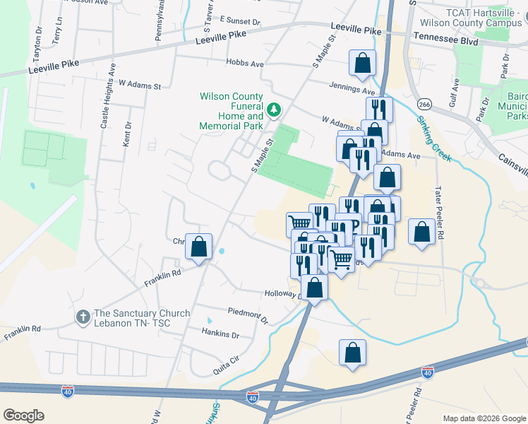 map of restaurants, bars, coffee shops, grocery stores, and more near 815 South Maple Street in Lebanon