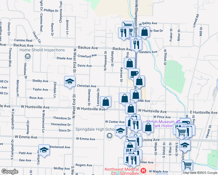 map of restaurants, bars, coffee shops, grocery stores, and more near 701 Union Drive in Springdale