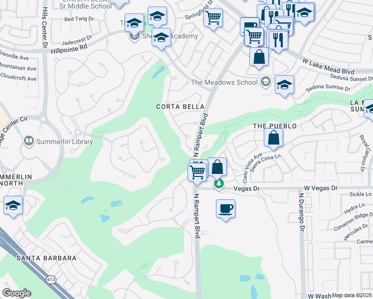 map of restaurants, bars, coffee shops, grocery stores, and more near 1725 Corta Bella Drive in Las Vegas