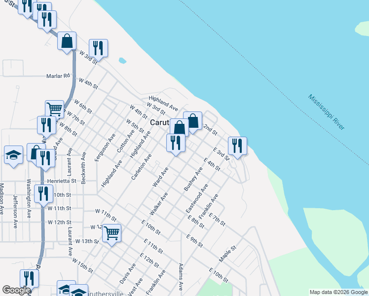 map of restaurants, bars, coffee shops, grocery stores, and more near 100-198 West 4th Street in Caruthersville