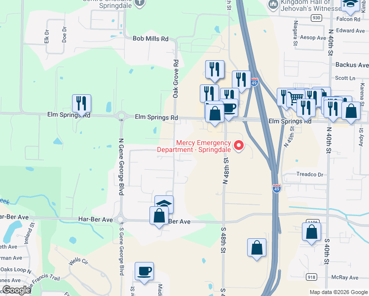 map of restaurants, bars, coffee shops, grocery stores, and more near 695 Oak Grove Road in Springdale